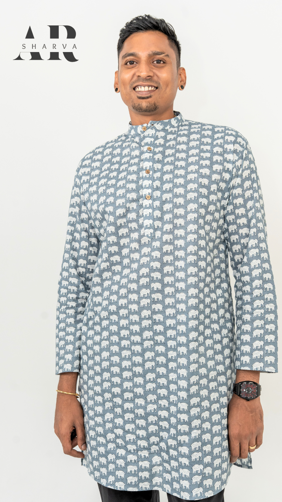 Grey Elephant Print Kurta