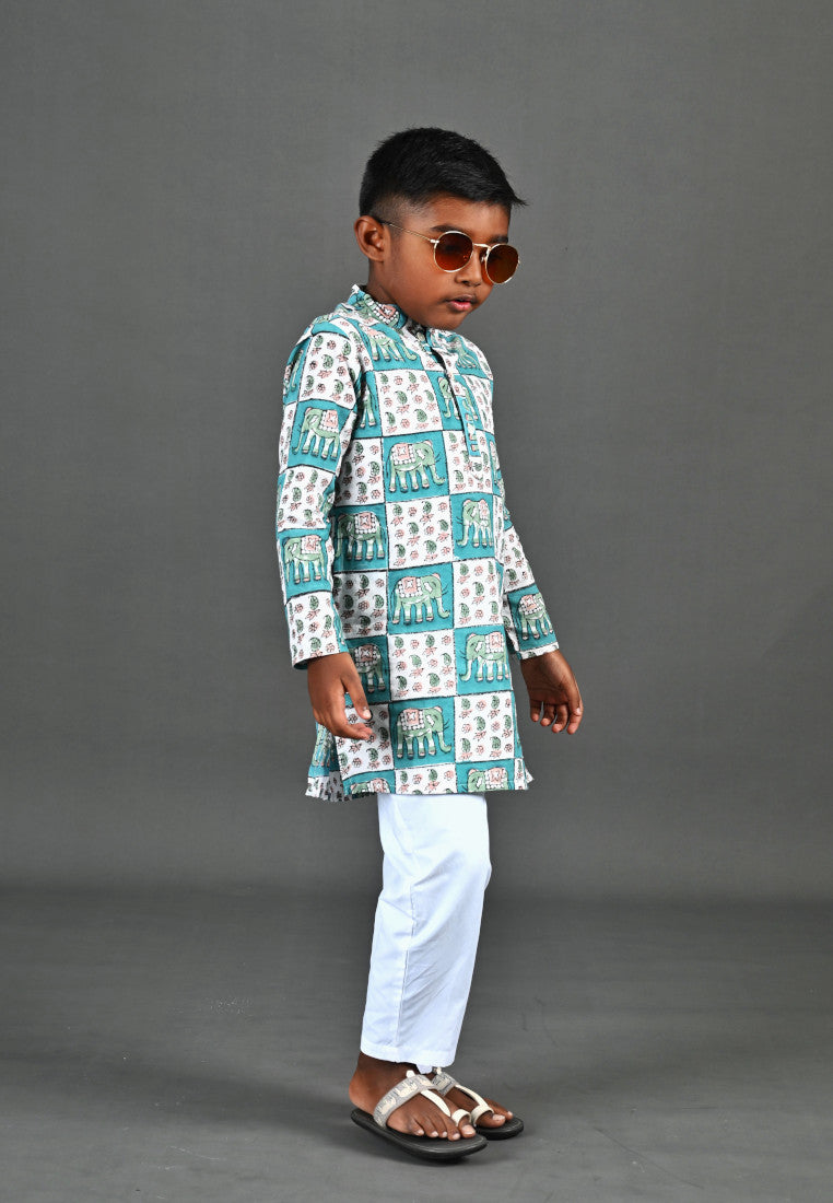 Chequered Elephant Block Print Kurta Pants Set