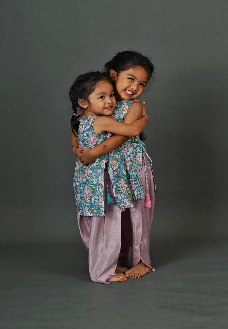 Turquoise Floral Kurta with Lilac Dhoti Pants Set