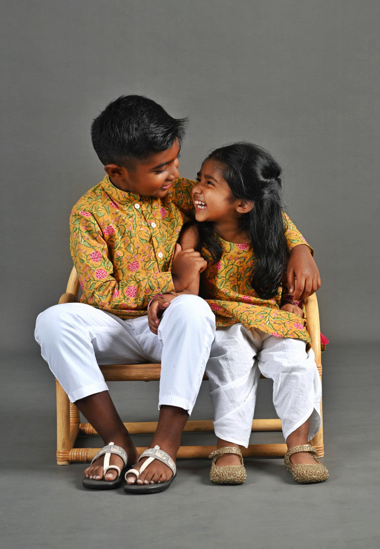 Yellow Floral Kurta Dhoti Set