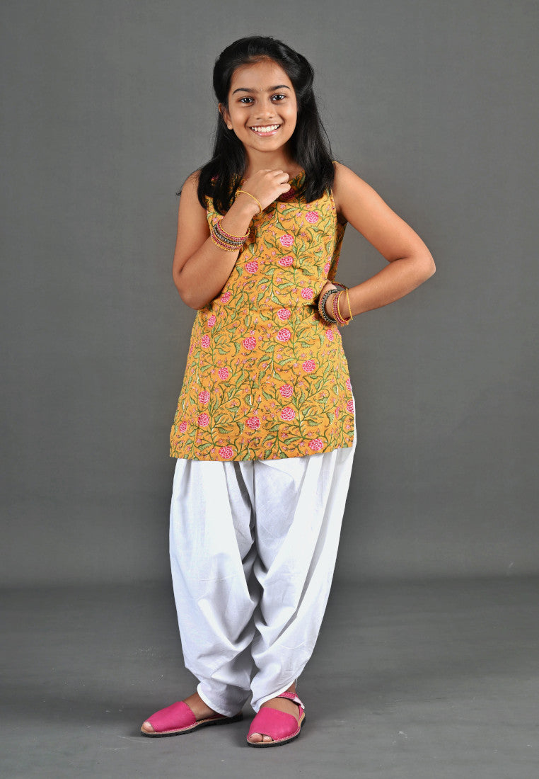 Yellow Floral Kurta Dhoti Set