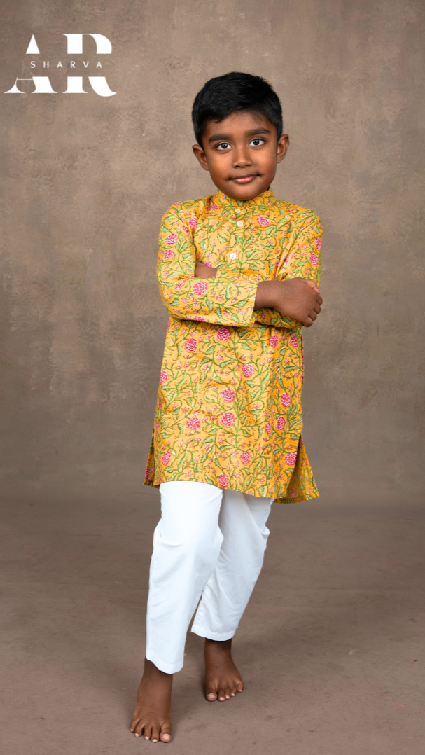 Yellow Floral Cotton Kurta Set