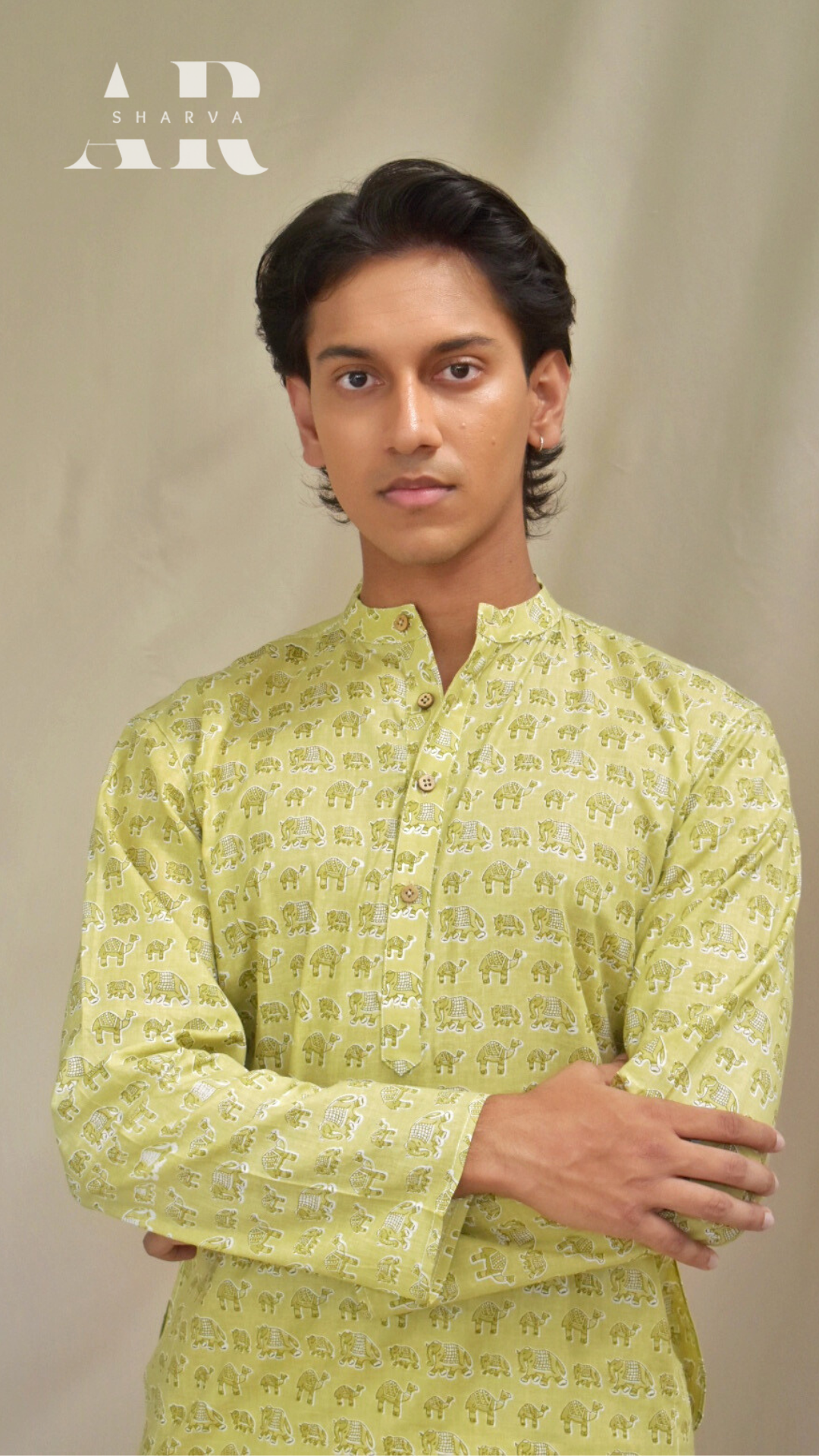 Olive Elephant Camel Print Kurta