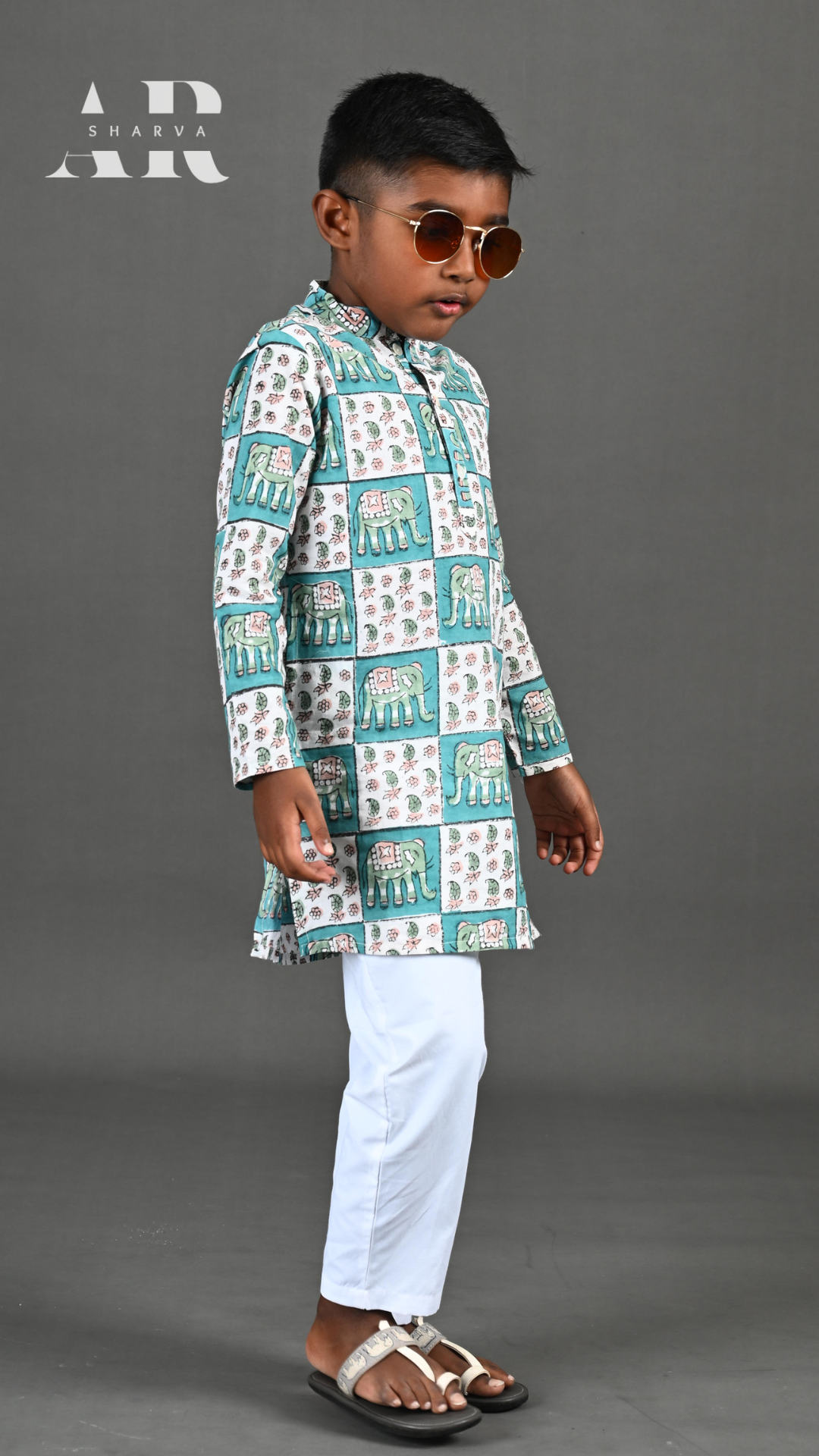 Chequered Elephant Block Print Kurta Pants Set