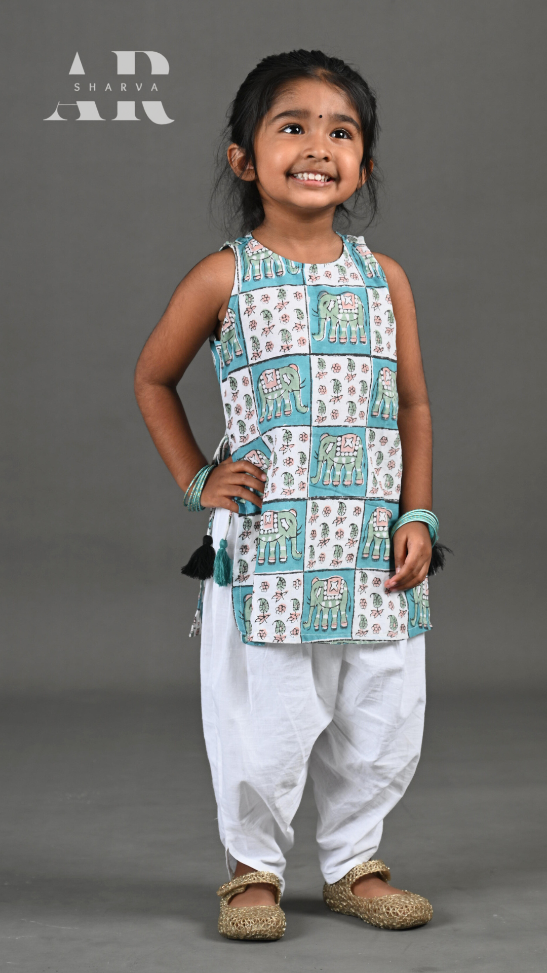 Chequered Elephant Block Print Kurta Dhoti Set