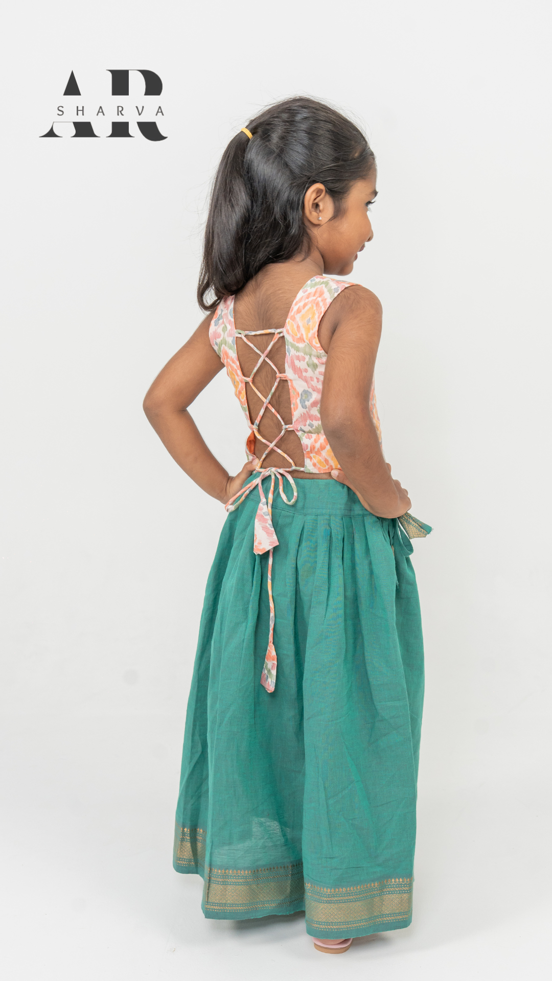 Peachy Ikat and Emerald Pavadai set