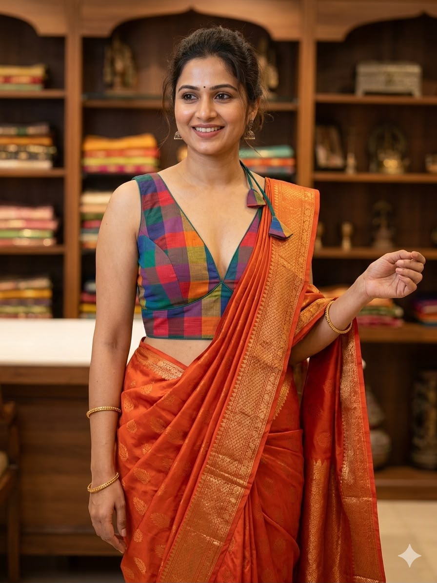 Handcrafted Madras Checks Deep V-Neck Cotton Blouse