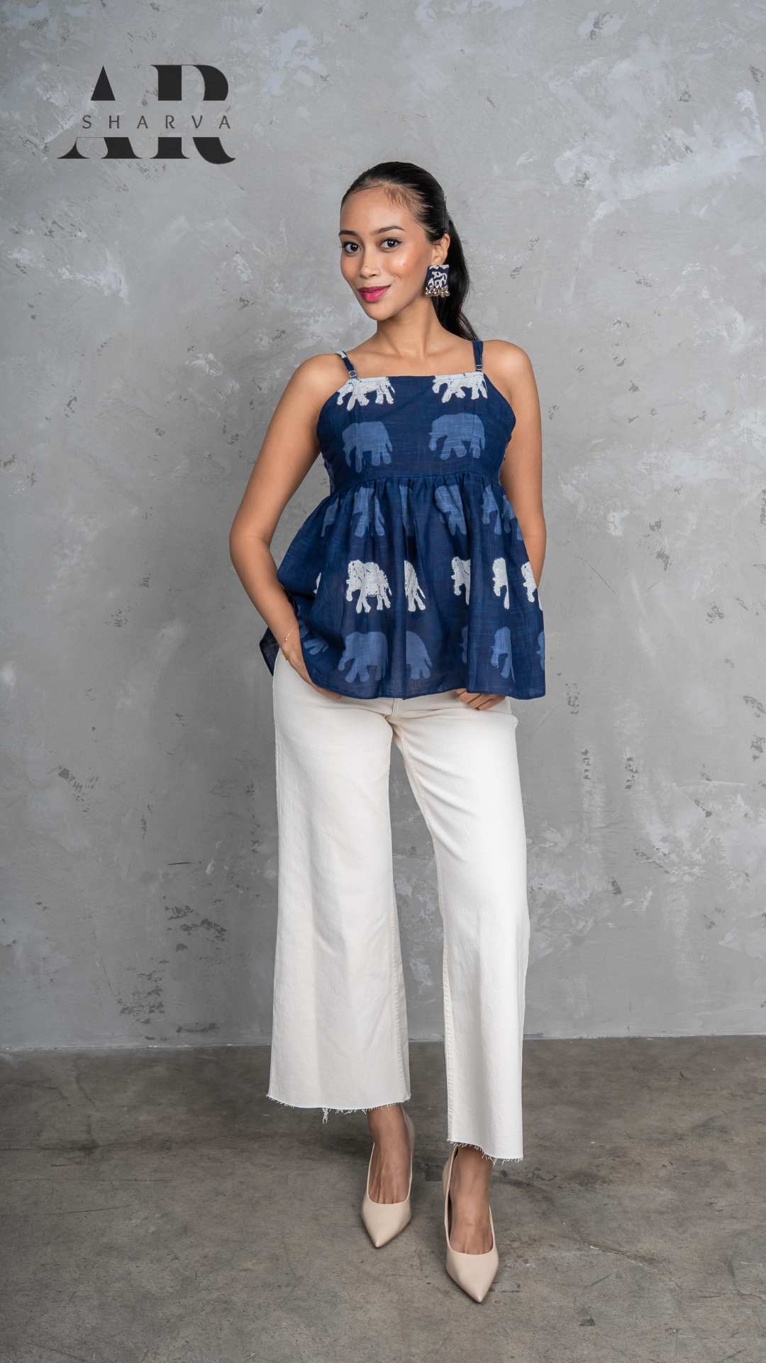 Indigo Elephant Print Peplum Top