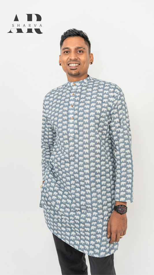 Grey Elephant Print Kurta