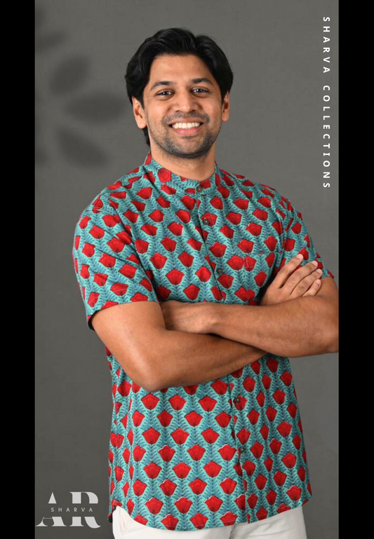 Teal and Red Print Kurtha Short Sleeve Shirt