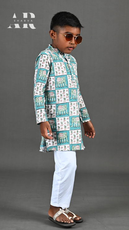 Chequered Elephant Block Print Kurta Pants Set