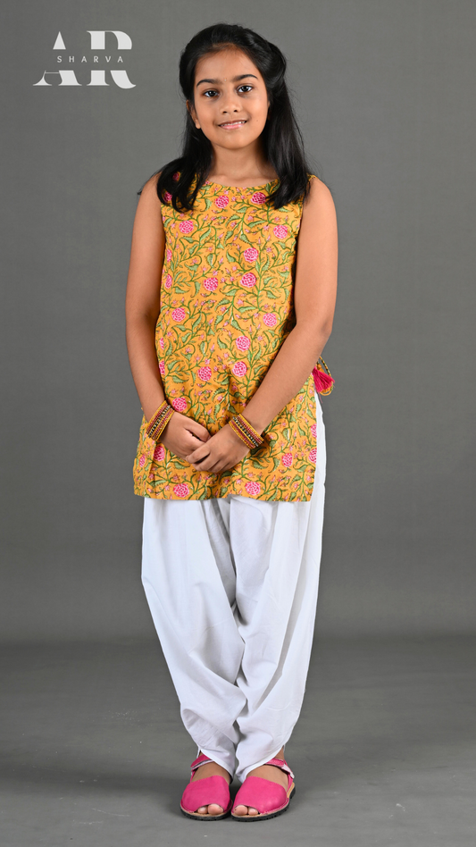Yellow Floral Kurta Dhoti Set