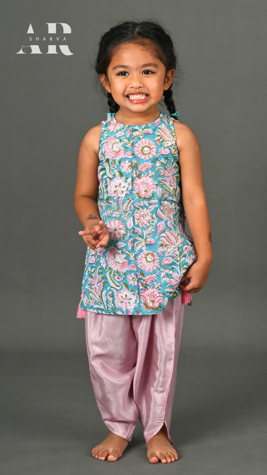 Turquoise Floral Kurta and Lilac Dhoti Pants Set