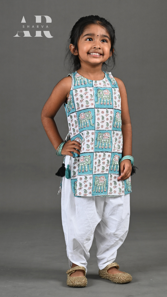 Chequered Elephant Block Print Kurta Dhoti Set
