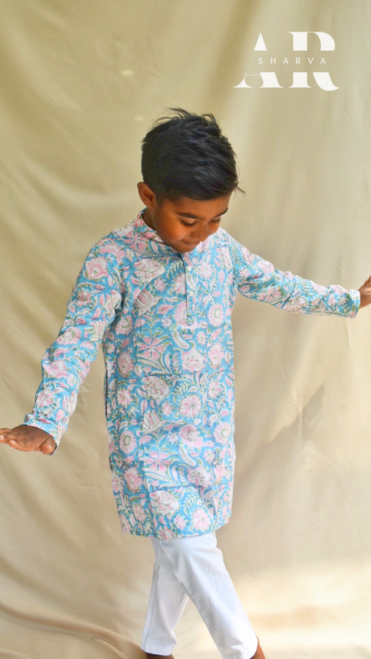 Blue and Pink Floral Printed Kurta