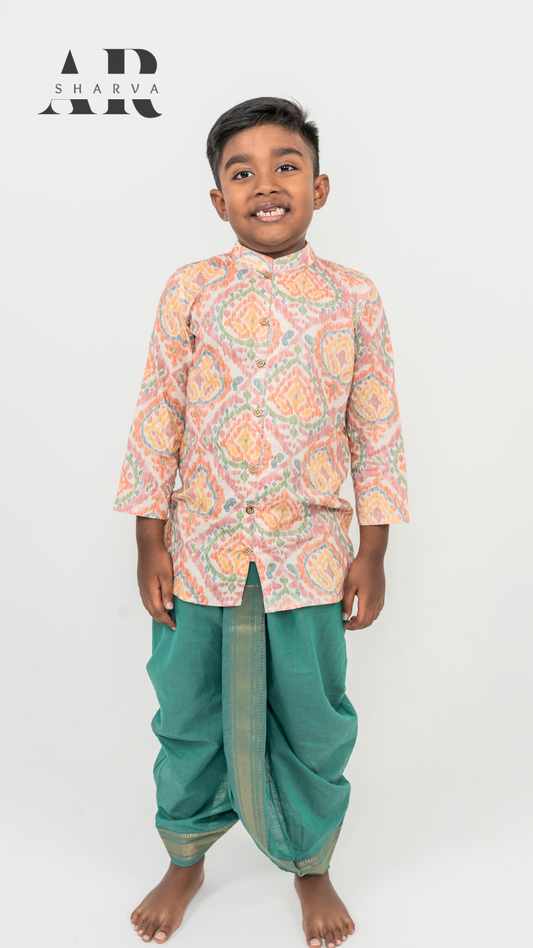 Peachy Kurta Emerald Dhoti Set