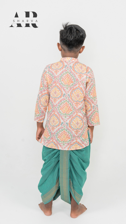 Peachy Kurta Emerald Dhoti Set