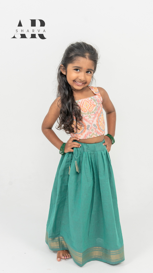 Peachy Ikat and Emerald Pavadai set