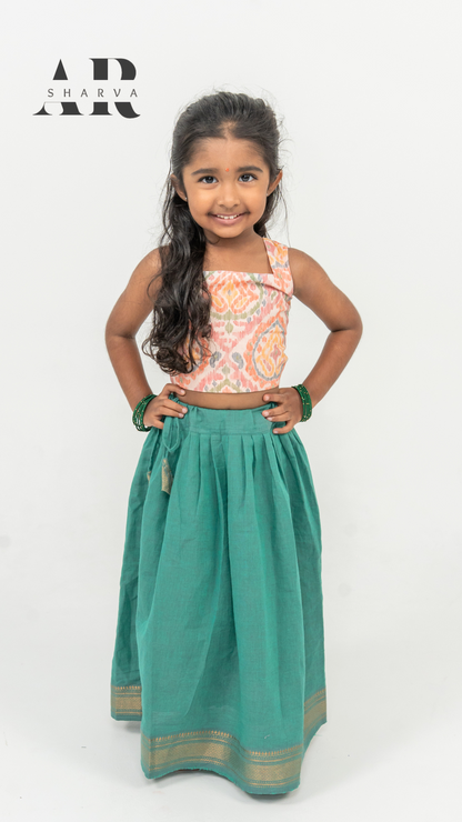 Peachy Ikat and Emerald Pavadai set
