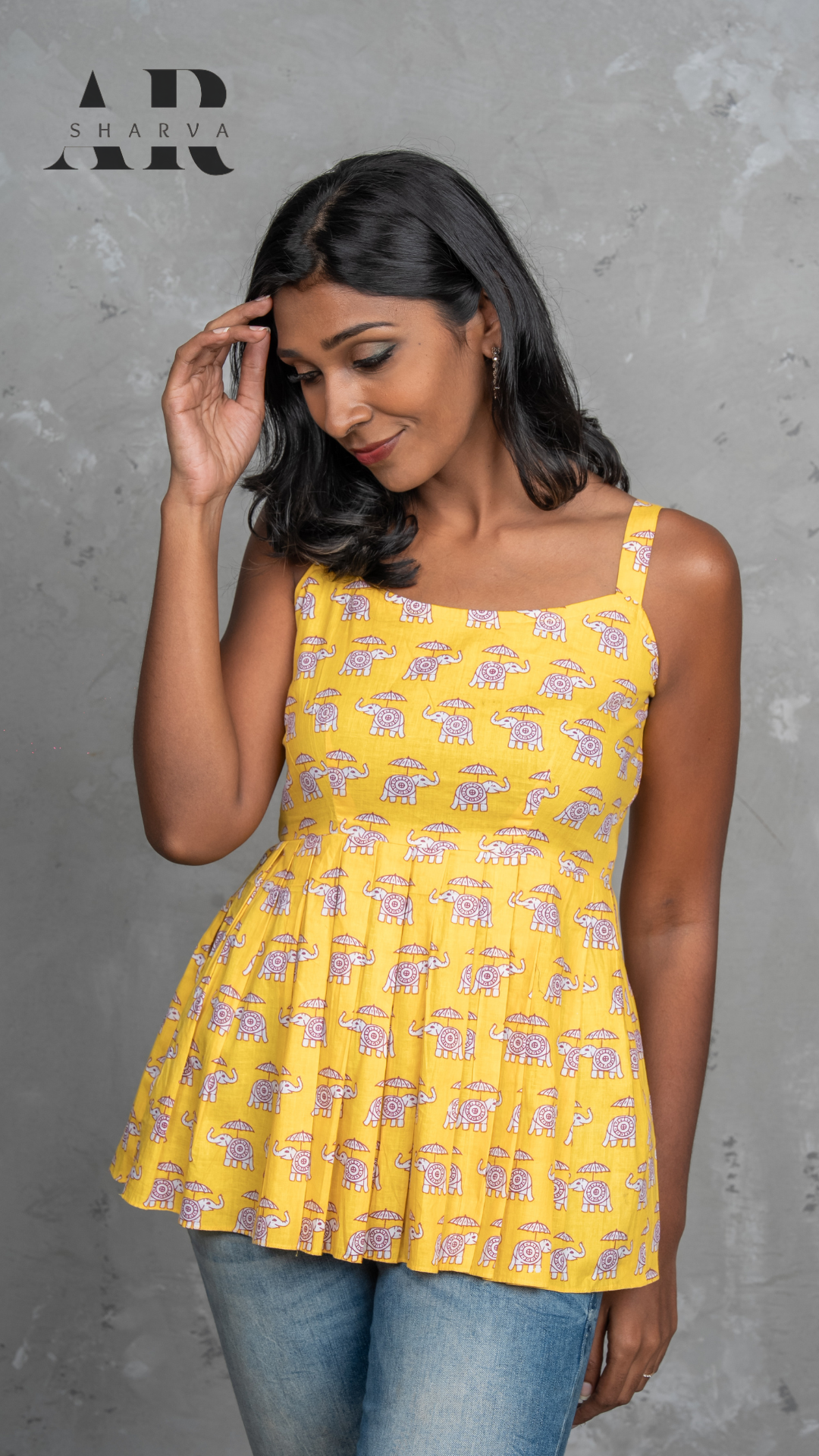 Yellow Elephant print peplum top – SHARVA Collections
