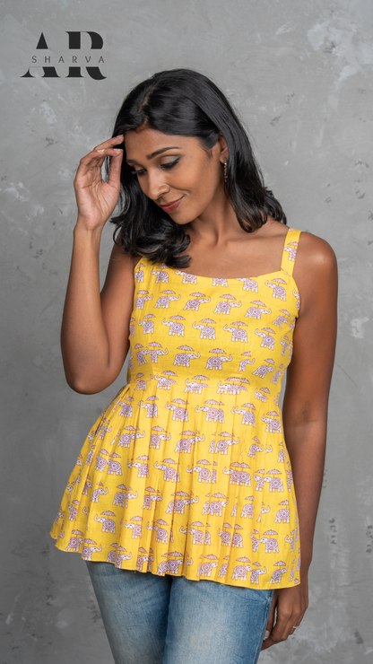 Yellow Elephant print peplum top